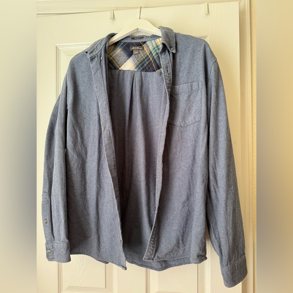 Eddie Bauer Men’s Blue Denim Flannel Outdoors Camping Hiking Relax Fit Shirt